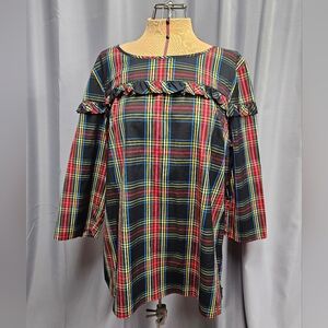 Women's Talbot's Plaid Tunic Top with Ruffle Detail and 3/4 length Sleeves (XL)